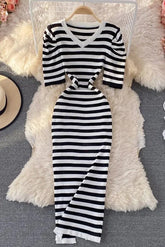 Robe longue élégante en tricot à rayures et manches bouffantes pour femme